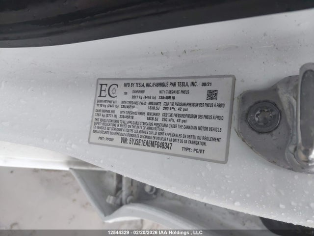 12544329 :رقم المزاد ، 5YJ3E1EA5MF048347 vin ، 2021 Tesla Model 3 Standard Range/standard Range Plus مزاد بيع