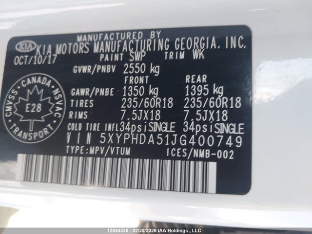 5XYPHDA51JG400749 KIA Sorento 3.3l Ex/3.3l Ex+
