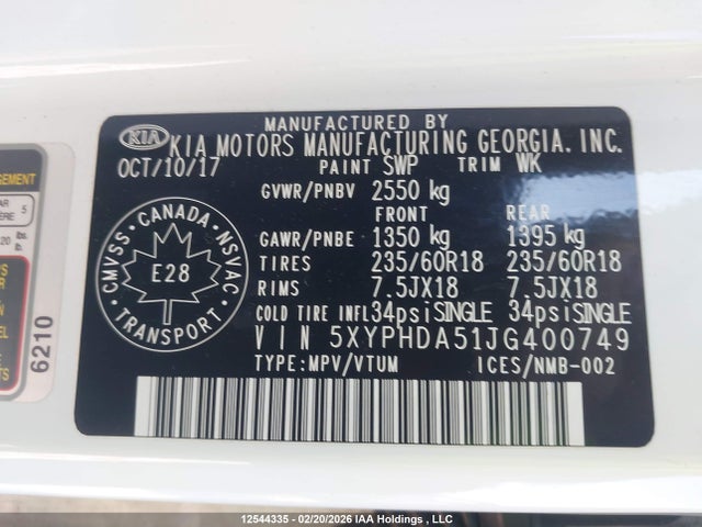5XYPHDA51JG400749 KIA Sorento 3.3l Ex/3.3l Ex+