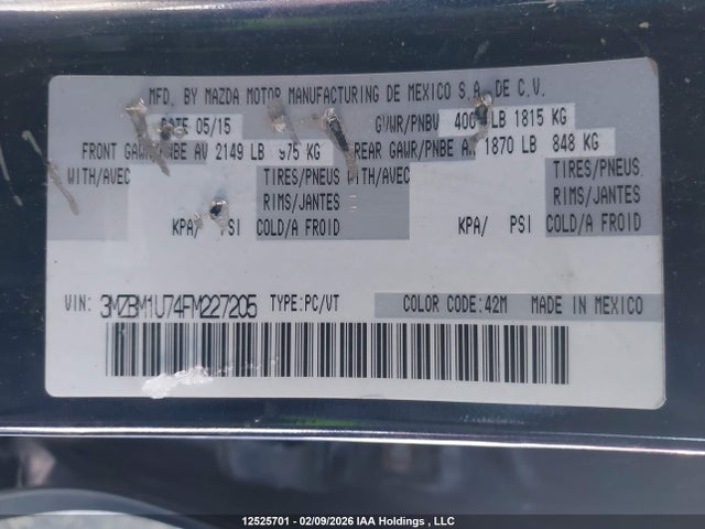 3MZBM1U74FM227205 Mazda Mazda3 Gx