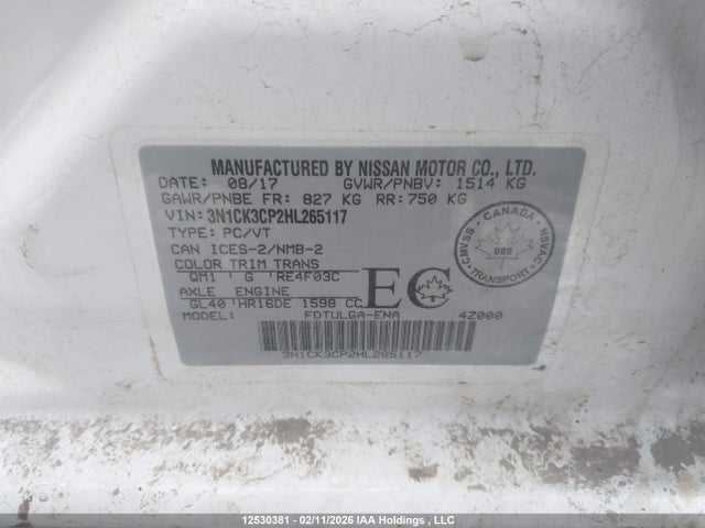 3N1CK3CP2HL265117 Nissan Micra S/sr/sv