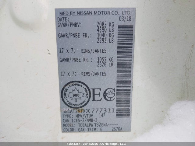 5N1AT2MTXJC777311 Nissan Rogue S/sl