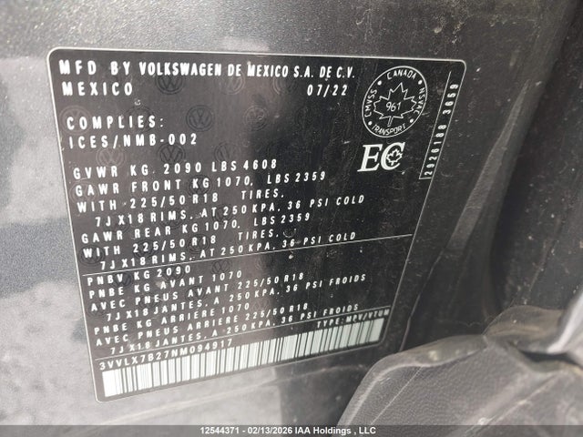3VVLX7B27NM094917 Volkswagen Taos Se Iq Drive/sel