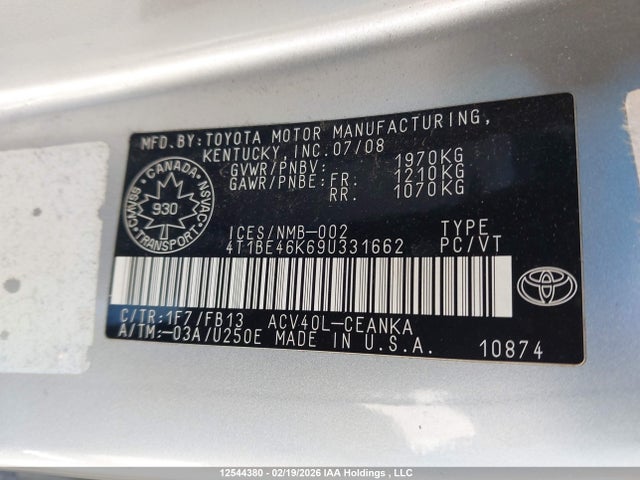 12544380 :رقم المزاد ، 4T1BE46K69U331662 vin ، 2009 Toyota Camry مزاد بيع