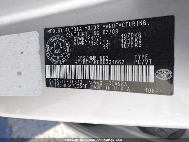 12544380 :رقم المزاد ، 4T1BE46K69U331662 vin ، 2009 Toyota Camry مزاد بيع