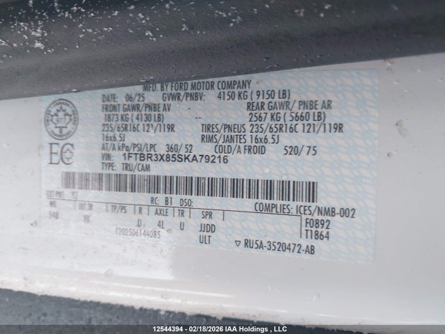 Aukcja sprzedaży 2025 Ford Transit T-250, vin: 1FTBR3X85SKA79216, numer aukcji: 12544394
