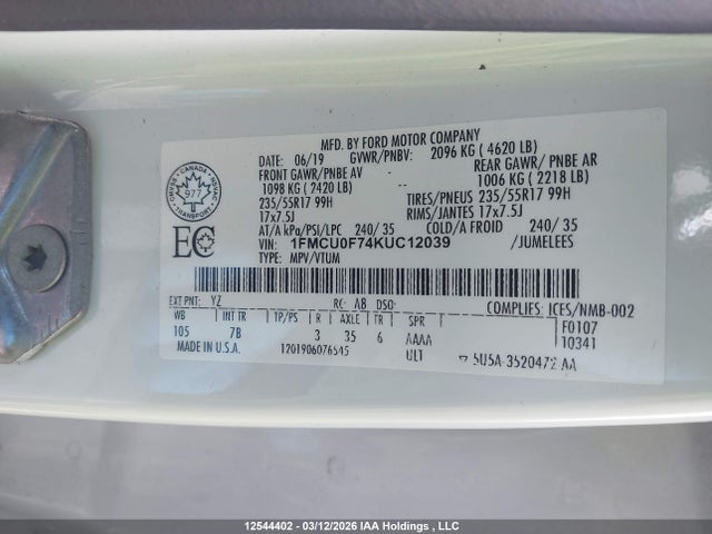 Aukcja sprzedaży 2019 Ford Escape, vin: 1FMCU0F74KUC12039, numer aukcji: 12544402