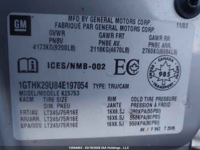 Aukcja sprzedaży 2004 Gmc Sierra K2500 Heavy Duty, vin: 1GTHK29U84E197054, numer aukcji: 12544403