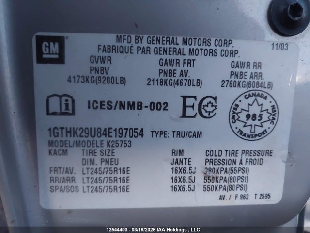 Aukcja sprzedaży 2004 Gmc Sierra K2500 Heavy Duty, vin: 1GTHK29U84E197054, numer aukcji: 12544403