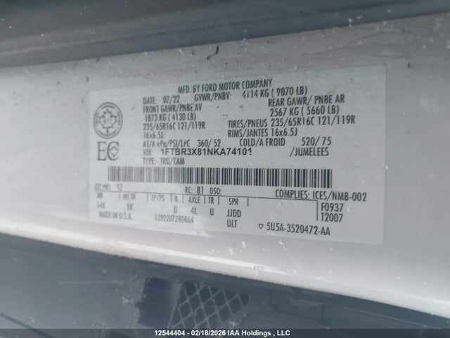 Aukcja sprzedaży 2022 Ford Transit T-250, vin: 1FTBR3X81NKA74101, numer aukcji: 12544404