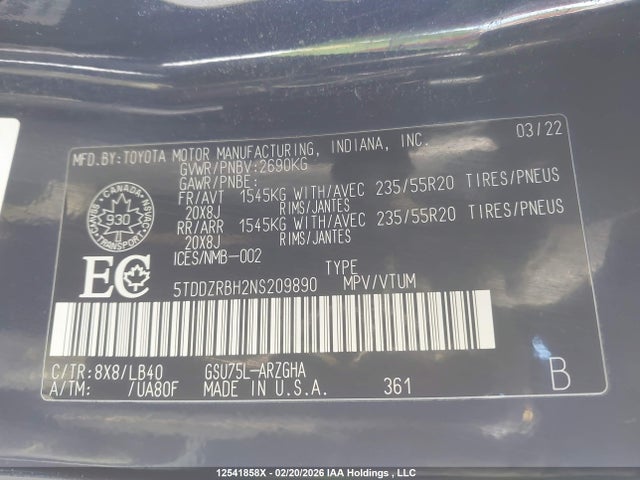 5TDDZRBH2NS209890 Toyota Highlander Limited