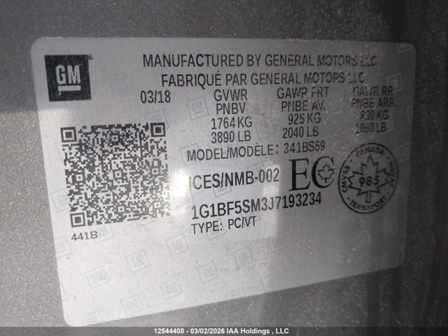 1G1BF5SM3J7193234 Chevrolet Cruze