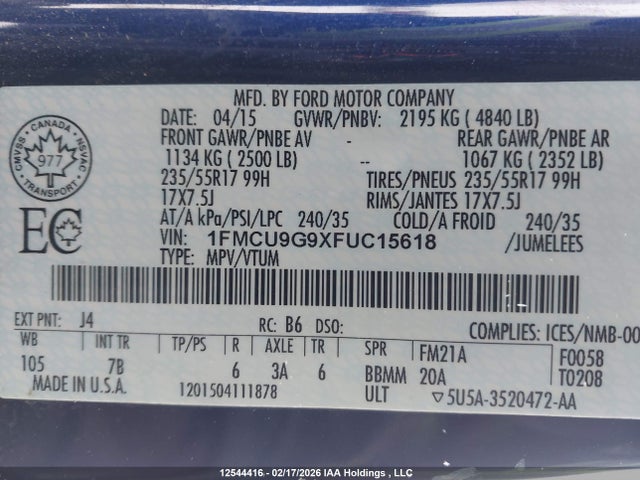 1FMCU9G9XFUC15618 Ford ESCAPE SE