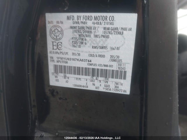 2007 Ford Escape Xlt მანქანა იყიდება აუქციონზე, vin: 1FMYU93167KA63744, აუქციონის ნომერი: 12544436