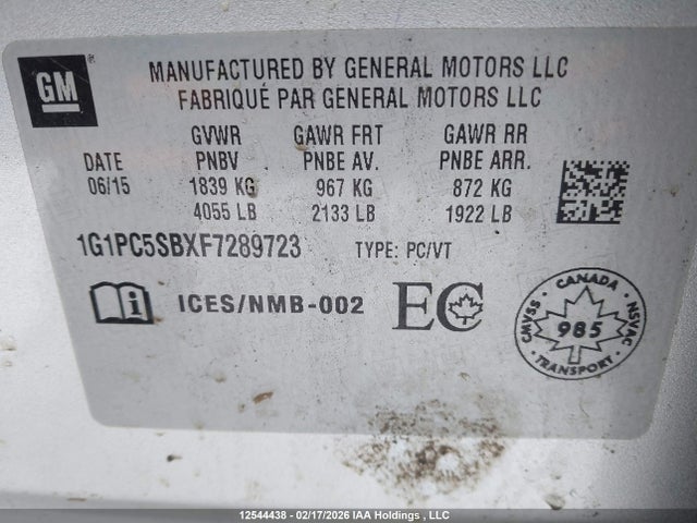 1G1PC5SBXF7289723 Chevrolet CRUZE LT