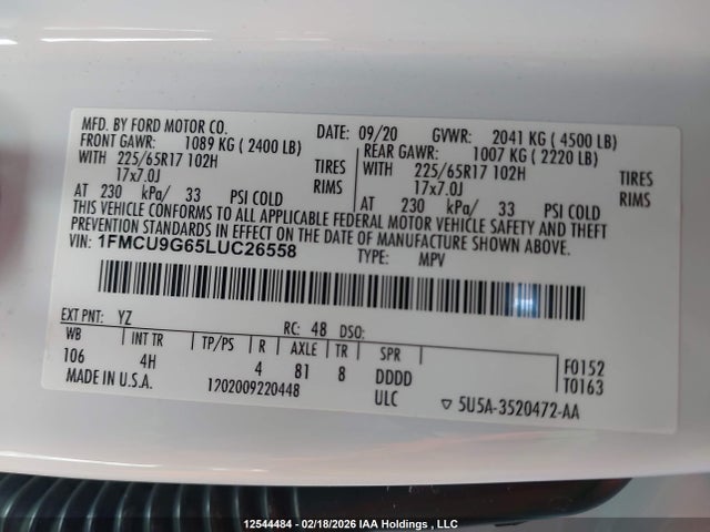 2020 Ford Escape Se მანქანა იყიდება აუქციონზე, vin: 1FMCU9G65LUC26558, აუქციონის ნომერი: 12544484