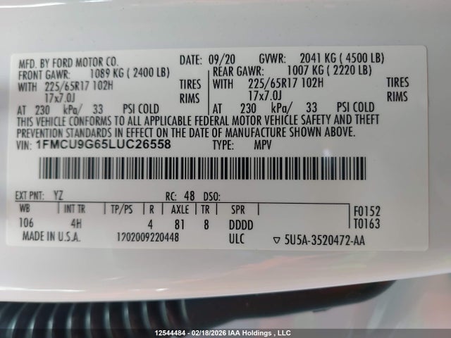 2020 Ford Escape Se მანქანა იყიდება აუქციონზე, vin: 1FMCU9G65LUC26558, აუქციონის ნომერი: 12544484