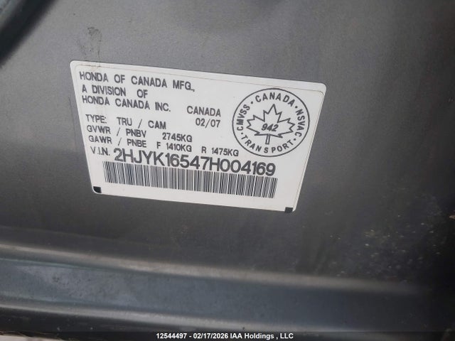 Продажа на аукционе авто 2007 Honda Ridgeline Rtl, vin: 2HJYK16547H004169, номер лота: 12544497