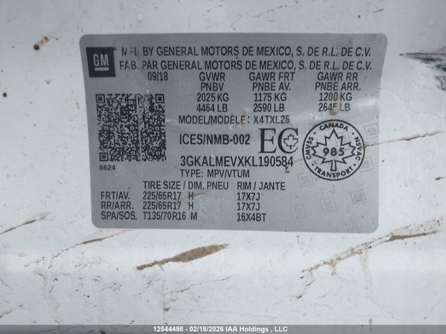 3GKALMEVXKL190584 GMC Terrain Sle