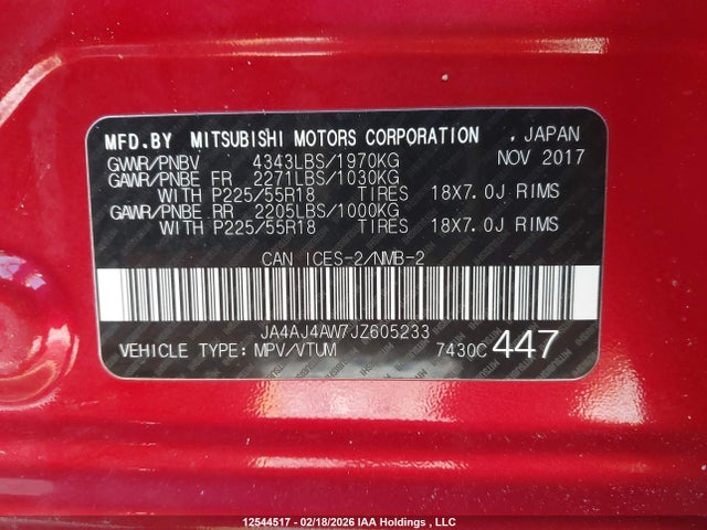 JA4AJ4AW7JZ605233 Mitsubishi Rvr Gt/se Anniversary Edition/se Limited Edition