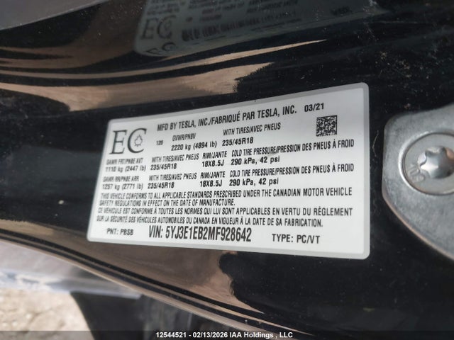 5YJ3E1EB2MF928642 Tesla Model 3 Long Range