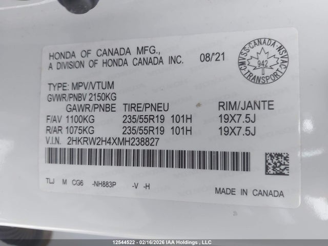 2HKRW2H4XMH238827 Honda Cr-v Sport