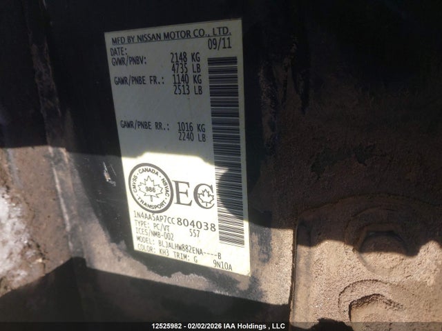 12525982 :رقم المزاد ، 1N4AA5AP7CC804038 vin ، 2012 Nissan Maxima Sv مزاد بيع