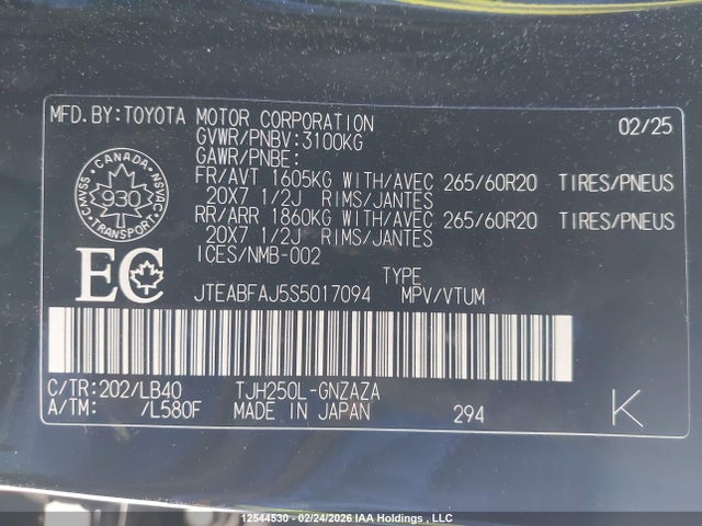 Aukcja sprzedaży 2025 Toyota Land Cruiser 1958, vin: JTEABFAJ5S5017094, numer aukcji: 12544530