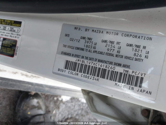 Aukcja sprzedaży 2012 Mazda Mazda3 Gs-sky, vin: JM1BL1V7XC1618260, numer aukcji: 12544554