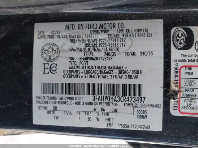 Aukcja sprzedaży 2012 Ford Fusion Se, vin: 3FAHP0HA3CR423497, numer aukcji: 12544555