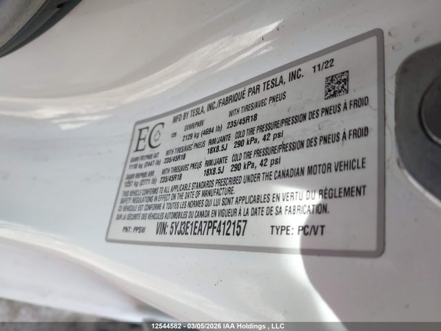 Aukcja sprzedaży 2023 Tesla Model 3 Rwd, vin: 5YJ3E1EA7PF412157, numer aukcji: 12544582
