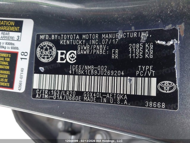 4T1BK1EB9JU269204 Toyota Avalon Xle Plus/premium/tour/ltd