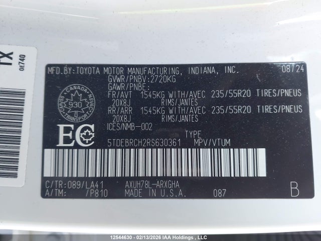 5TDEBRCH2RS630361 Toyota Highlander Hybrid Limited/hybrid Platinum