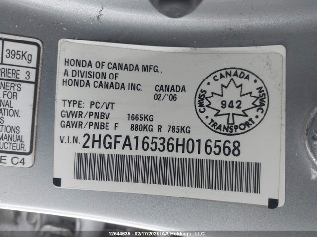 Продаж на аукціоні авто 2006 Honda Civic Lx, vin: 2HGFA16536H016568, номер лоту: 12544635