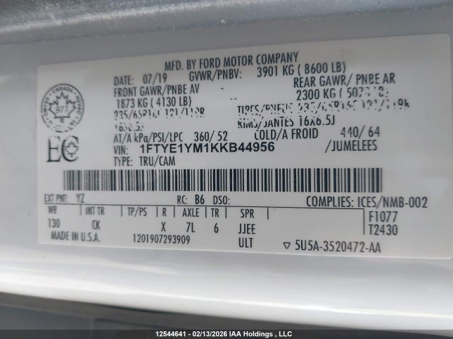 2019 Ford Transit-150 მანქანა იყიდება აუქციონზე, vin: 1FTYE1YM1KKB44956, აუქციონის ნომერი: 12544641
