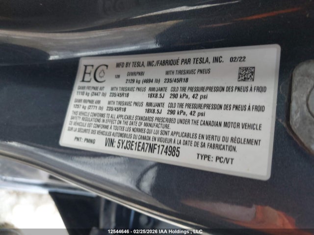 5YJ3E1EA7NF174985 Tesla Model 3 Rwd/standard Range