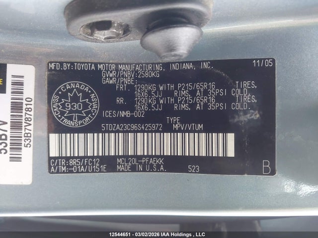 2006 Toyota Sienna Ce 7 Passenger/ce 8 Passenger/le 7 Passenger/le 8 Passenger მანქანა იყიდება აუქციონზე, vin: 5TDZA23C96S425972, აუქციონის ნომერი: 12544651