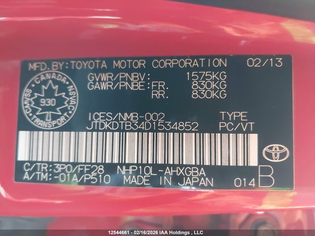 12544661 :رقم المزاد ، JTDKDTB34D1534852 vin ، 2013 Toyota Prius C مزاد بيع