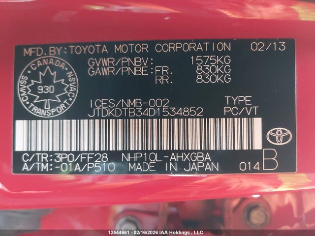 12544661 :رقم المزاد ، JTDKDTB34D1534852 vin ، 2013 Toyota Prius C مزاد بيع