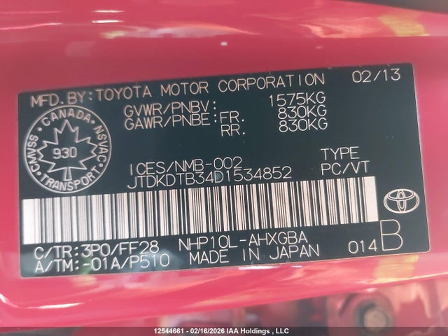 12544661 :رقم المزاد ، JTDKDTB34D1534852 vin ، 2013 Toyota Prius C مزاد بيع