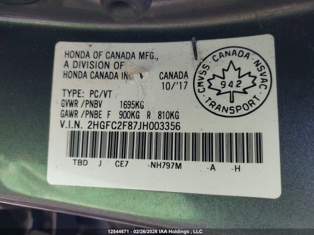 2HGFC2F87JH003356 Honda Civic Ex 4dr