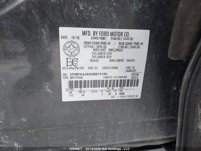 12544677 :رقم المزاد ، 2FMPK4J92KBB15189 vin ، 2019 Ford Edge مزاد بيع