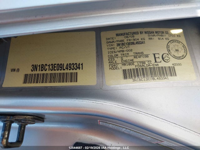 Aukcja sprzedaży 2009 Nissan Versa 1.8s, vin: 3N1BC13E09L493341, numer aukcji: 12544687