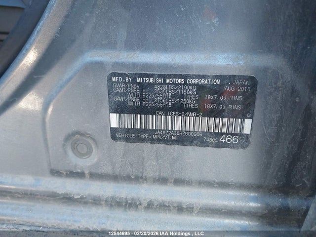 Aukcja sprzedaży 2017 Mitsubishi Outlander Es, vin: JA4AZ2A30HZ600906, numer aukcji: 12544695