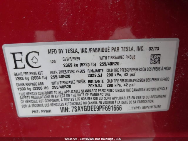 7SAYGDEE9PF691666 Tesla Model Y Long Range