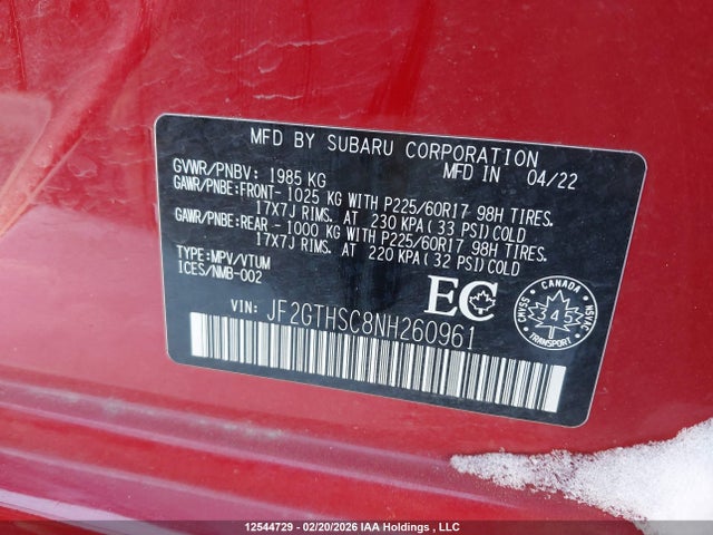 Aukcja sprzedaży 2022 Subaru Crosstrek Sport, vin: JF2GTHSC8NH260961, numer aukcji: 12544729