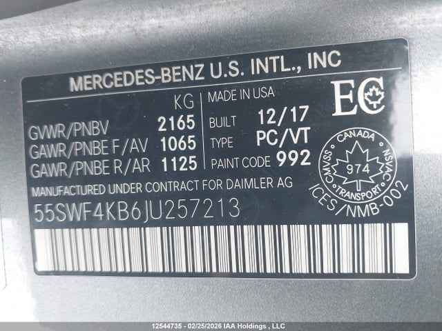 55SWF4KB6JU257213 Mercedes-Benz C 300 4matic