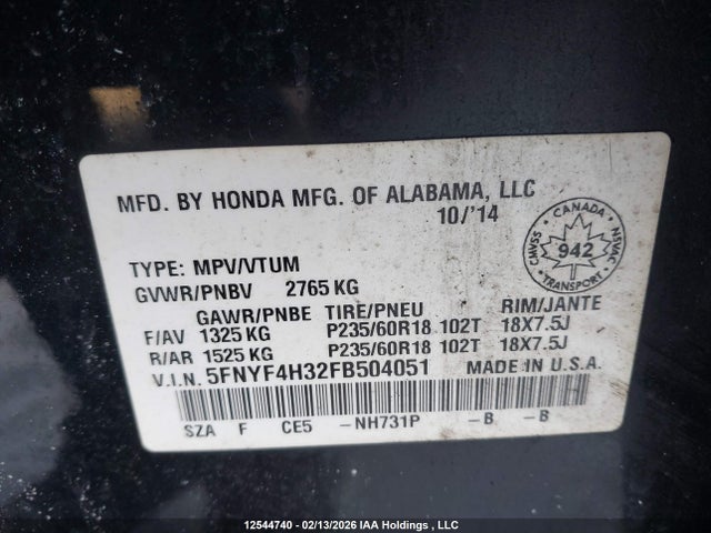 Aukcja sprzedaży 2015 Honda Pilot Se, vin: 5FNYF4H32FB504051, numer aukcji: 12544740