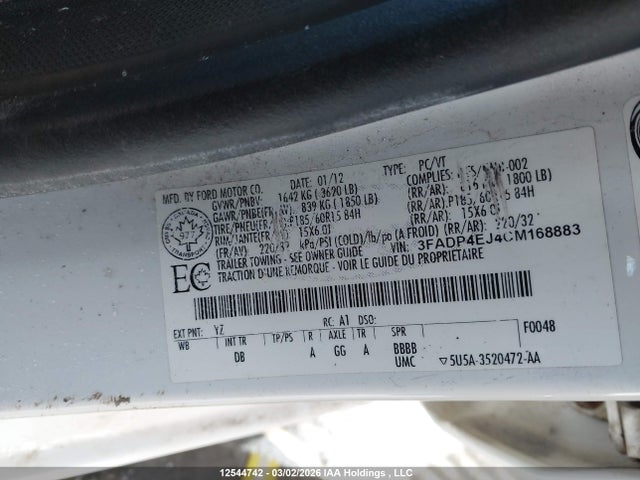 Aukcja sprzedaży 2012 Ford Fiesta Se, vin: 3FADP4EJ4CM168883, numer aukcji: 12544742
