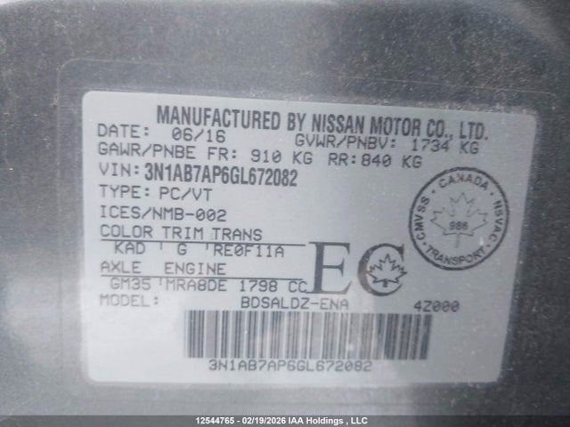 3N1AB7AP6GL672082 Nissan Sentra 1.8 S/1.8 Sl/1.8 Sr/1.8 Sv